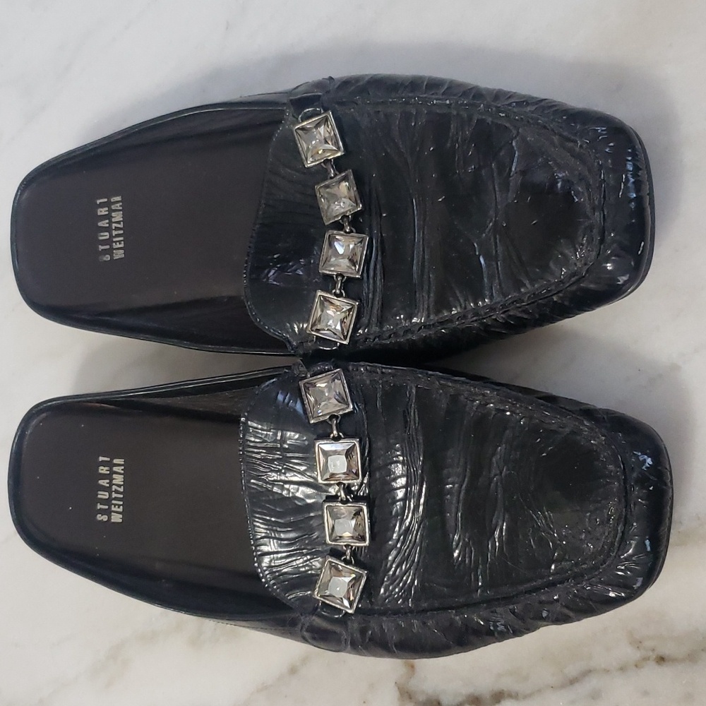 Stuart Weitzman Patent Leather Crystal Embellishment Mules size 9.5M Black
